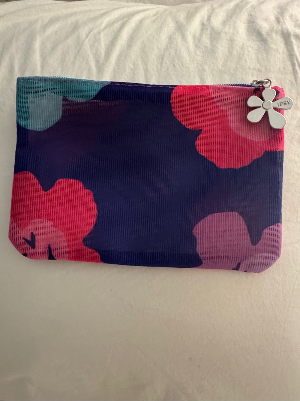 ipsy Navy Floral Zip Cosmetic Pouch with Pink & Teal Blooms